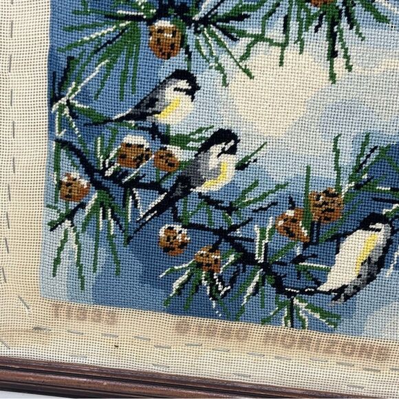 1980 Wood Framed Chickadee  Needlepoint Art (no glass) - Picture 6 of 9